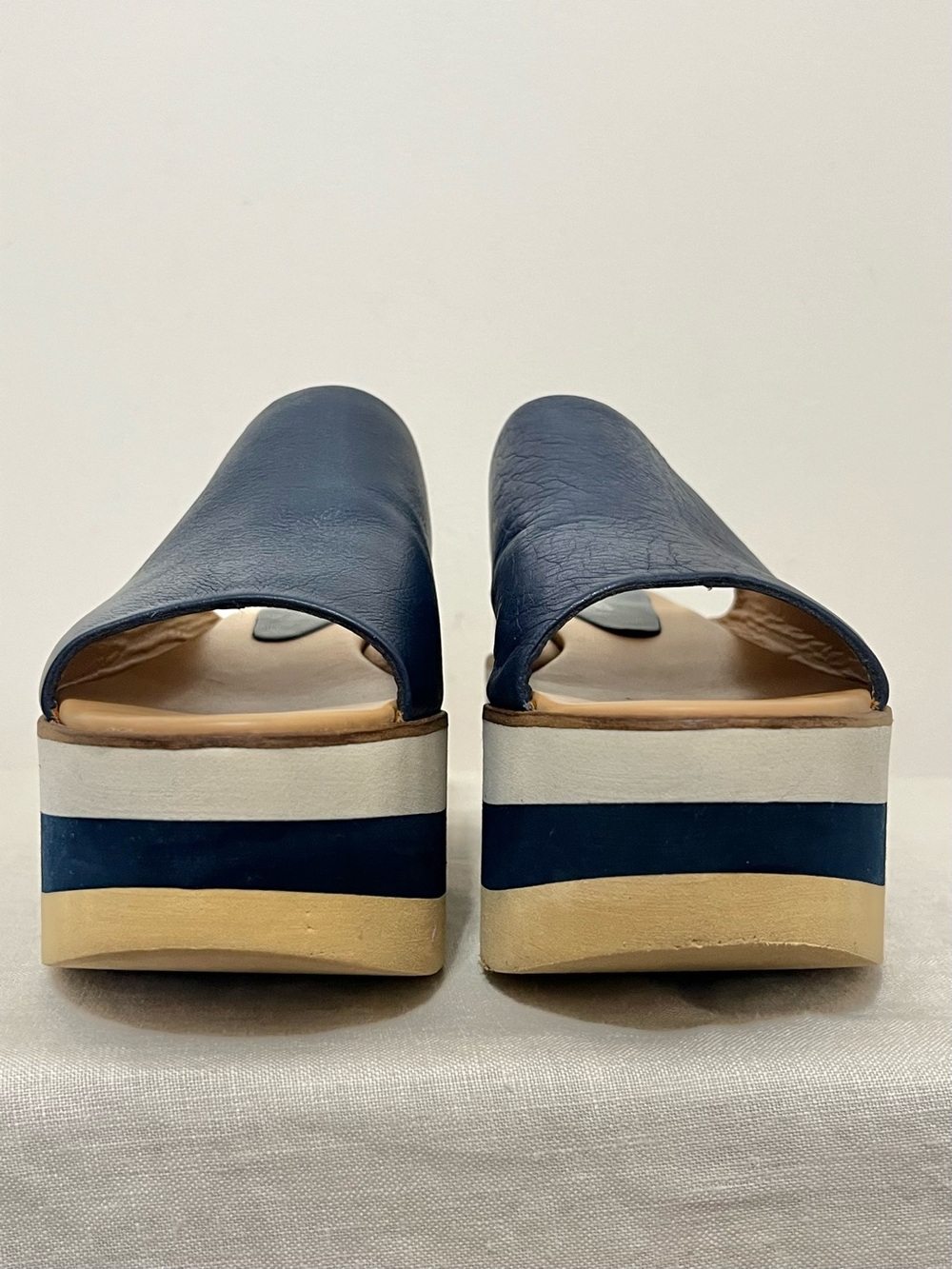 Paloma Barcelo Navy and Tan Striped Platform Slide Sandals - Picture 6 of 12